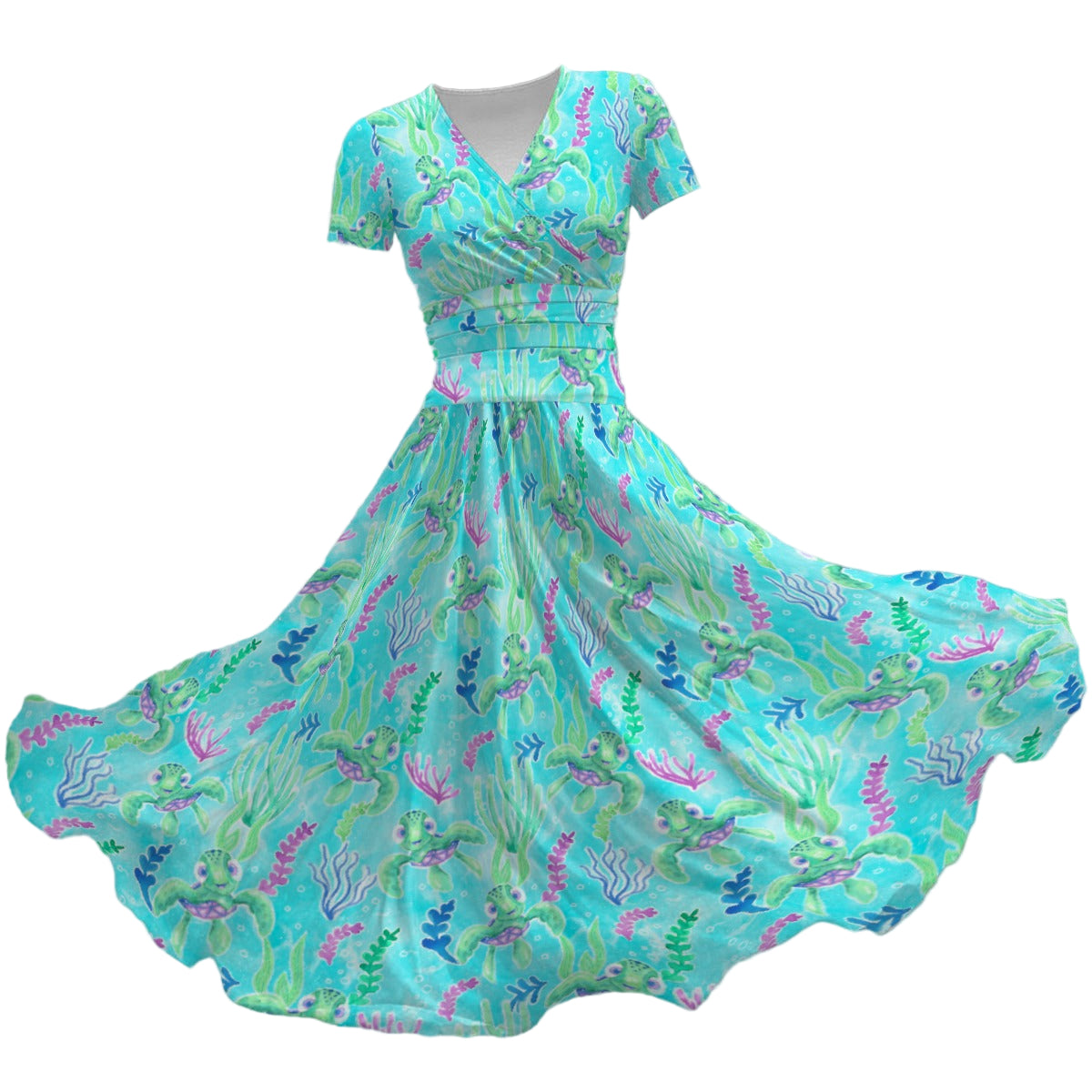 Neon Floral Baby Turtle - Women's V-Neck Ruched Midi Dress
