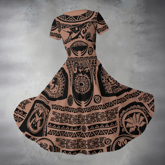 Polynesian Tattoo Motifs - Women's V-Neck Ruched Midi Dress