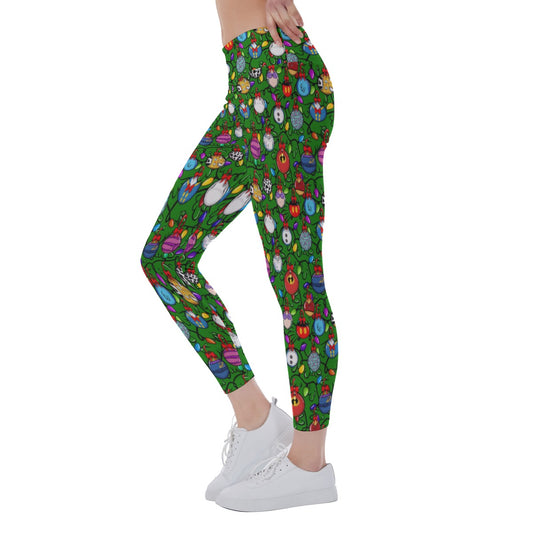 Festive Character Baubles on Green - Women's Yoga Leggings