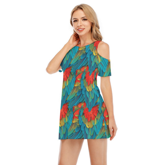 Animal Print - Macaw Parrot - Women's Cold Shoulder Cotton Dress