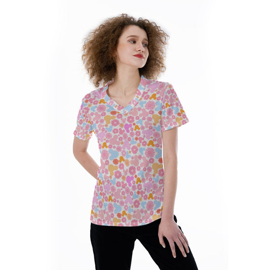 Retro Floral Mouse - Women's Short Sleeve V-Neck T-Shirt