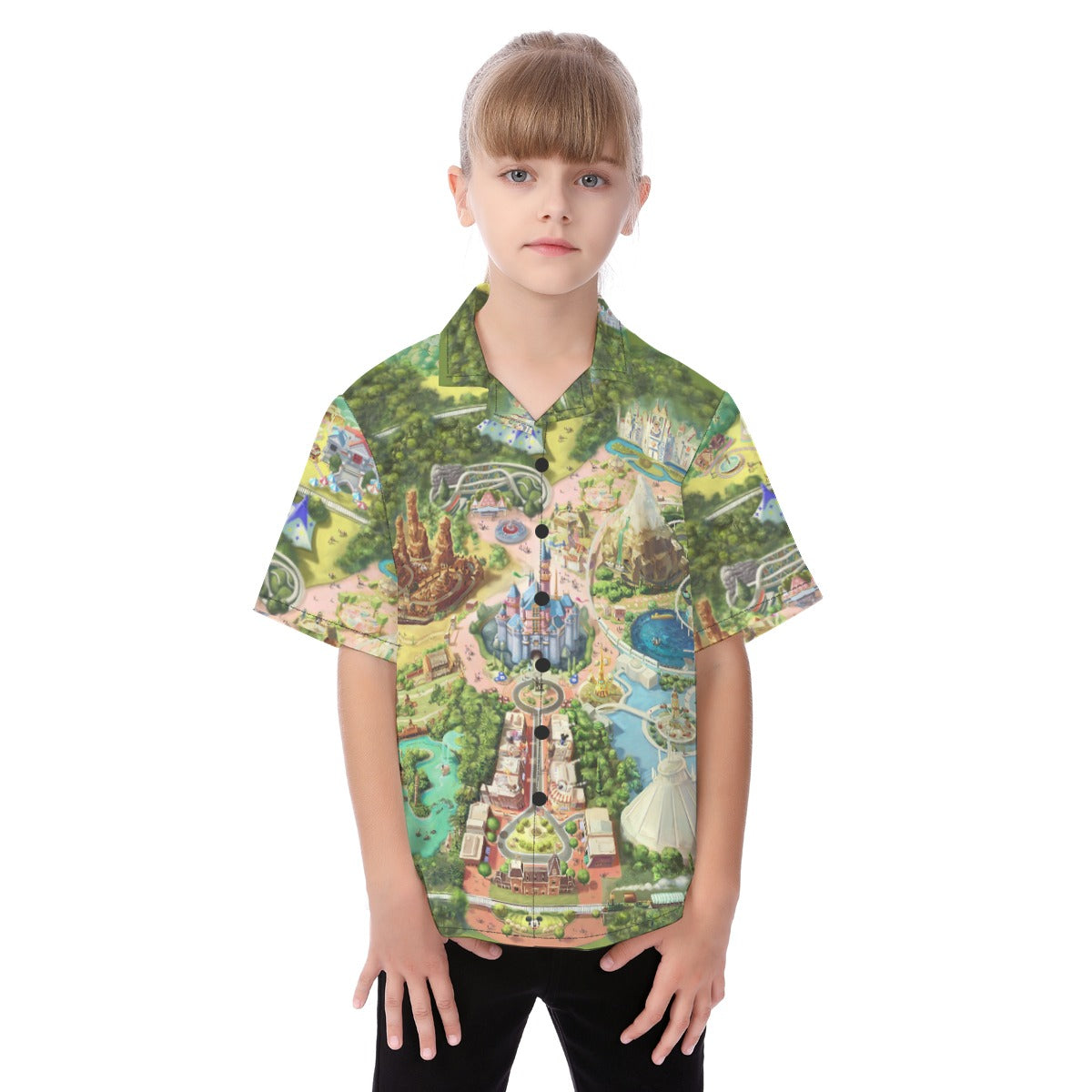 Colorful Theme Park Map - Kid's Hawaiian Button Up Shirt