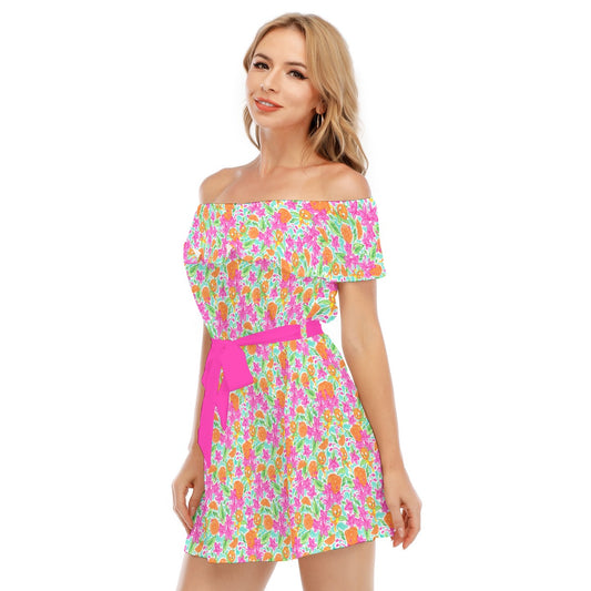 Tropical Citrus Bloom - Women's Off-shoulder Ruffle Dress