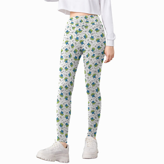 Playful Green Aliens on White - Kid's Leggings