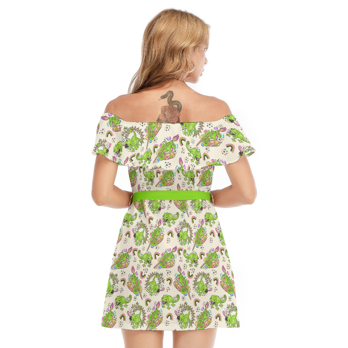 Colorful Chameleon Splash - Women's Off-shoulder Ruffle Dress