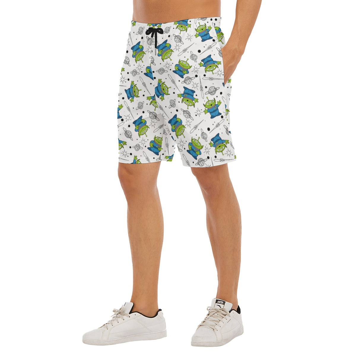 Playful Green Aliens on White - Men’s Pocket Beach Shorts