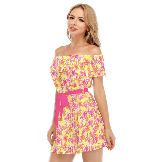 Neon Tropical Floral Friends - Women's Off-shoulder Ruffle Dress