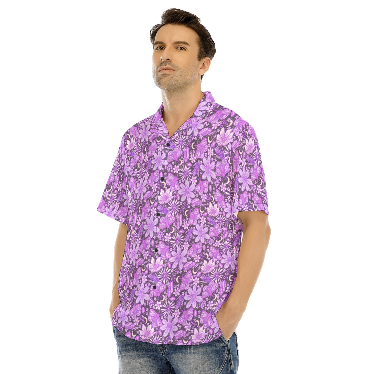 Purple Crystal Moths - Men's Hawaiian Button Up Shirt