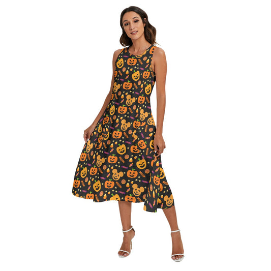 Cheerful Pumpkin Mouse Halloween - Women’s Diagonal Pocket Midi Dress