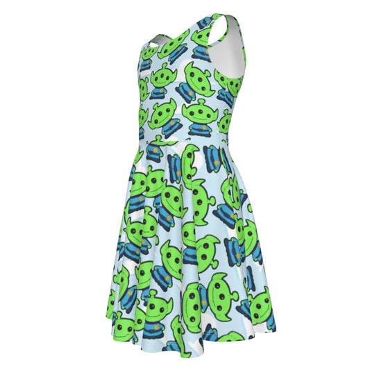 Little Green Space Aliens- Kid's Sleeveless Skater Dress