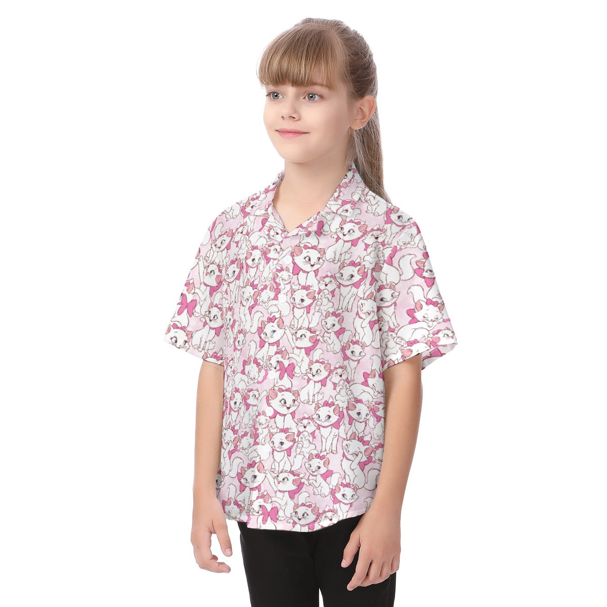 Sweet Kitten with Pink Bow - Kid's Hawaiian Button Up Shirt