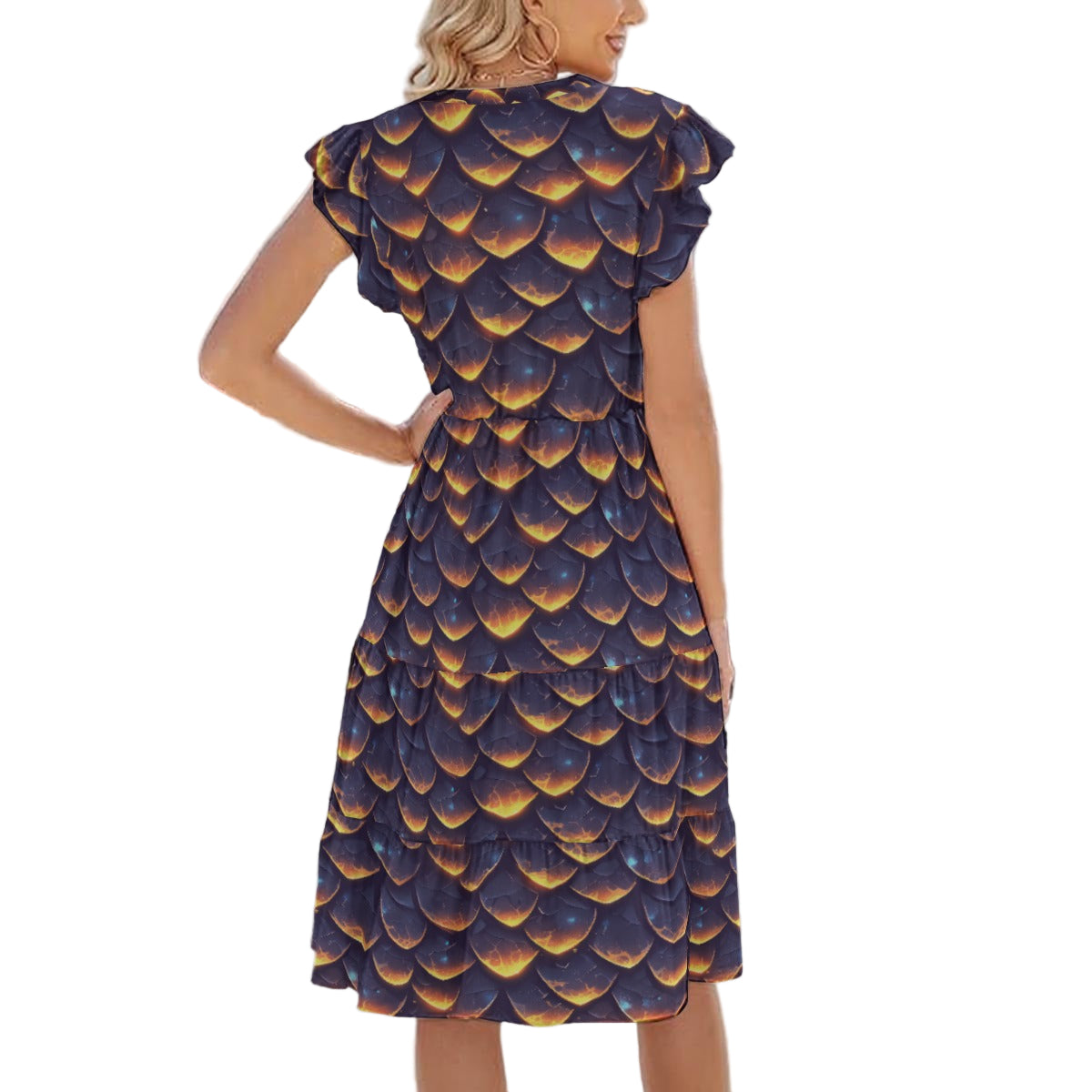 Animal Print - Dragon - Women's Tiered Pocket Midi Dress