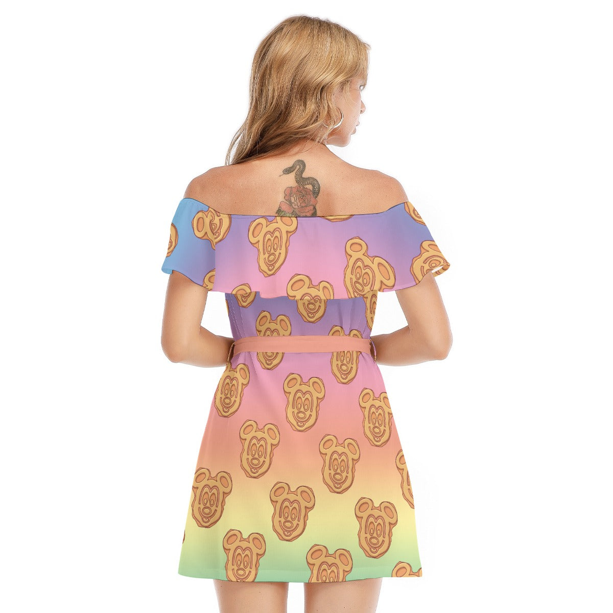 Rainbow Mouse Waffles - Women's Off-shoulder Ruffle Dress