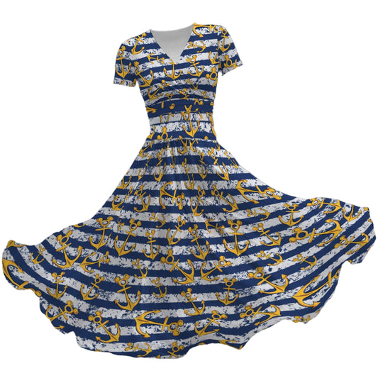 Nautical Mouse Ear Anchors - Women's V-Neck Ruched Midi Dress