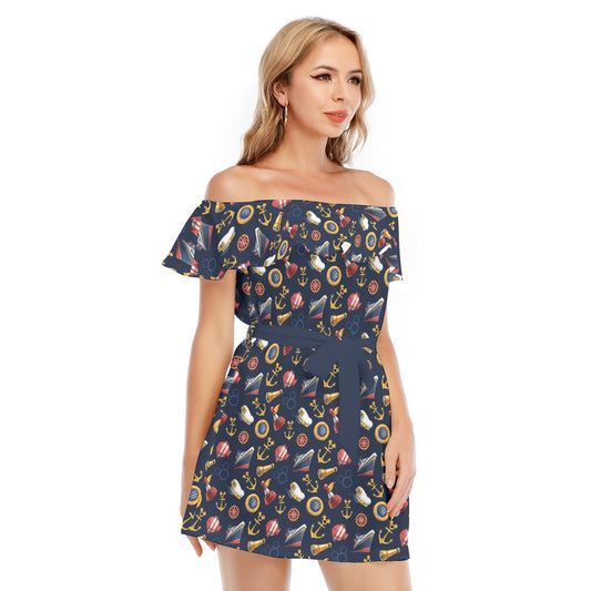 Mouse Ear Nautical Icons - Women's Off-shoulder Ruffle Dress