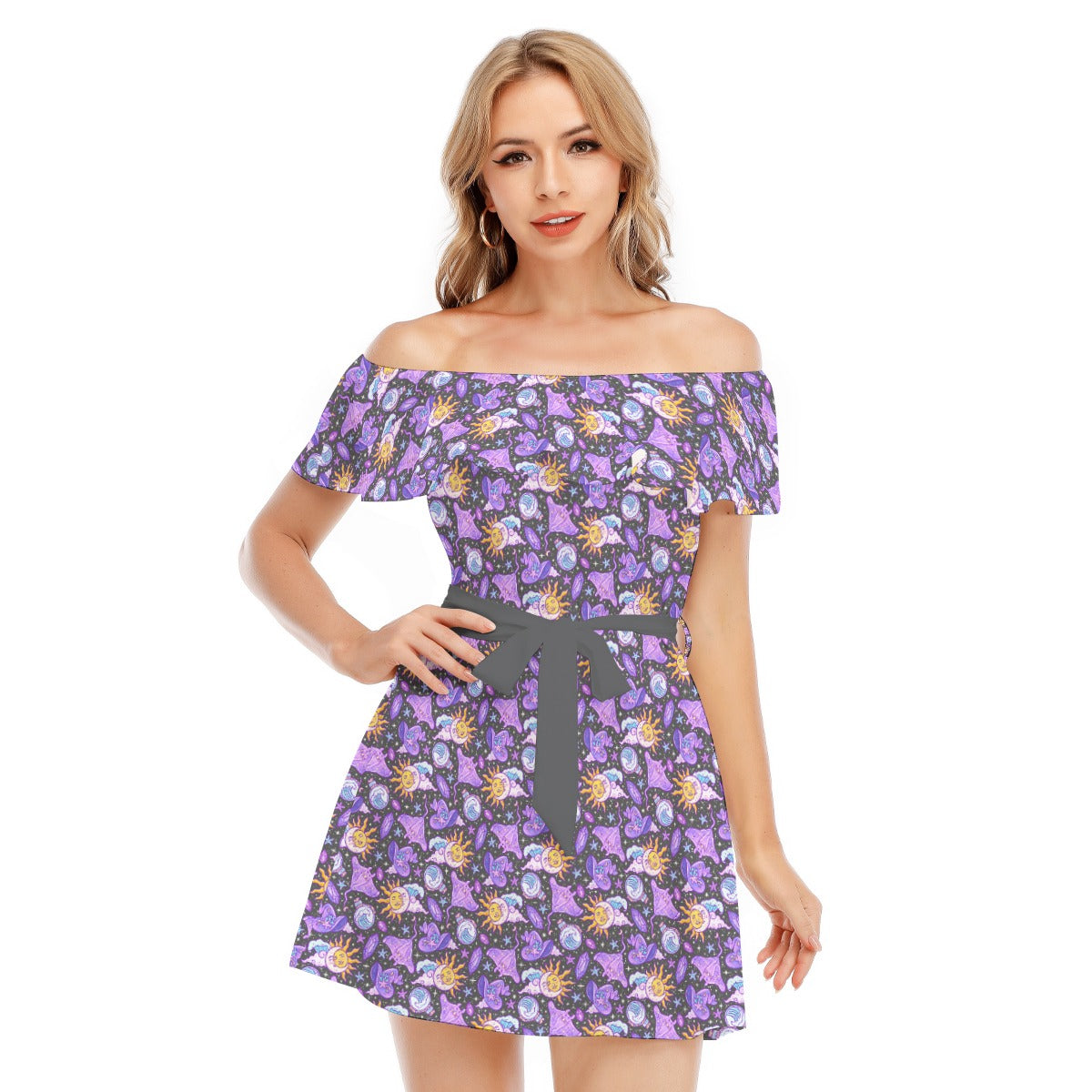 Mystical Manta Rays - Women's Off-shoulder Ruffle Dress