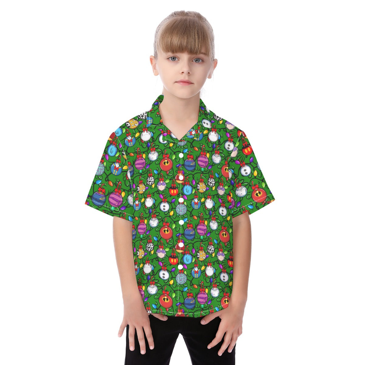 Festive Character Baubles on Green - Kid's Hawaiian Button Up Shirt