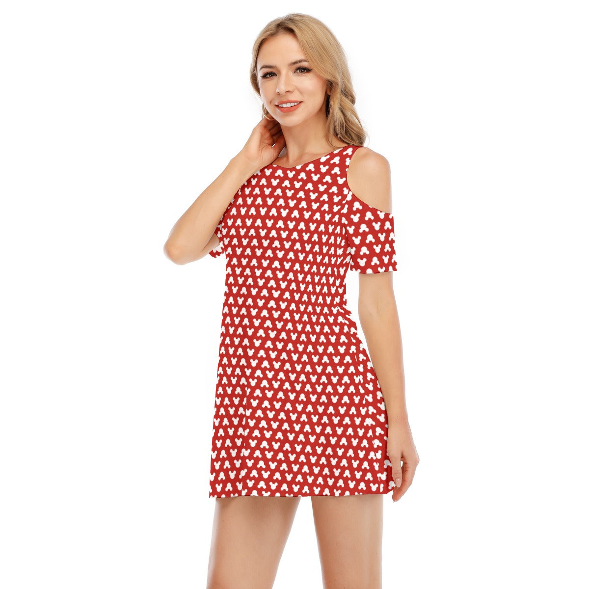 Playful Polka Dot Ears Red - Women's Cold Shoulder Cotton Dress