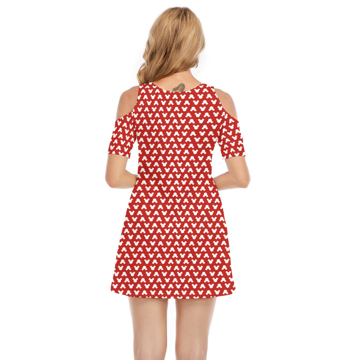Playful Polka Dot Ears Red - Women's Cold Shoulder Cotton Dress