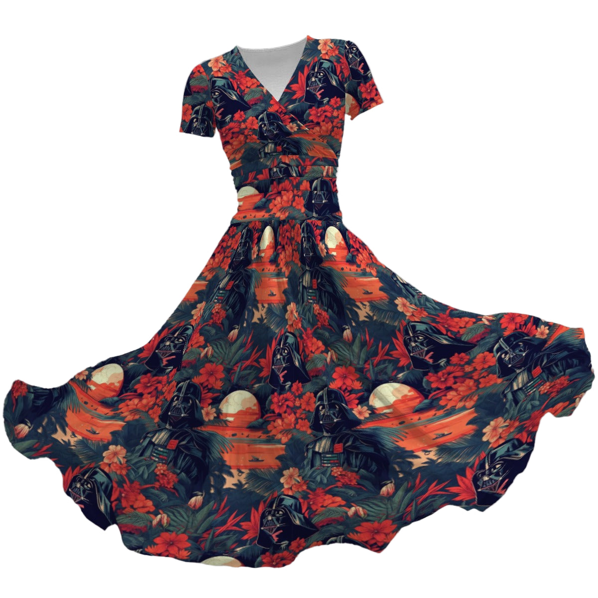 Tropical Dark Side Escape - Women's V-Neck Ruched Midi Dress