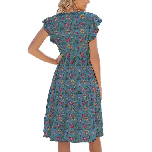 Holiday Baubles with Mischievous Blue Alien - Women's Tiered Pocket Midi Dress
