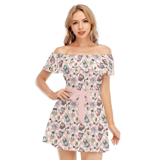 Pink Checkerboard Villains - Women's Off-shoulder Ruffle Dress