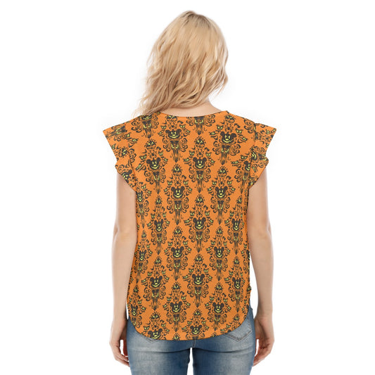 Haunted Halloween Mansion Wallpaper - Women’s Flutter Sleeve Top