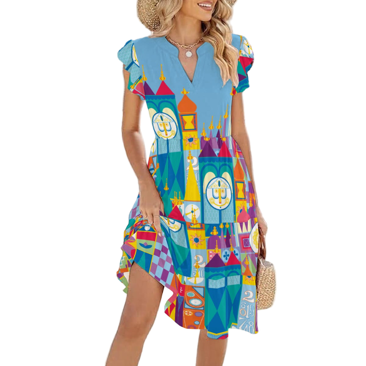 Whimsical World Facade - Women's Tiered Pocket Midi Dress