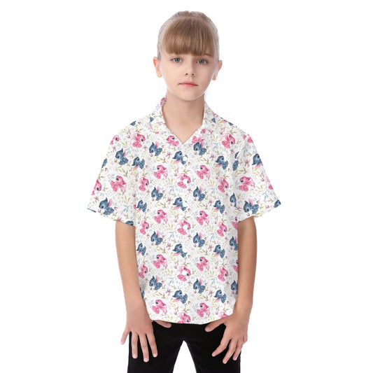 Blue Alien & Pink Friend Love - Kid's Hawaiian Button Up Shirt