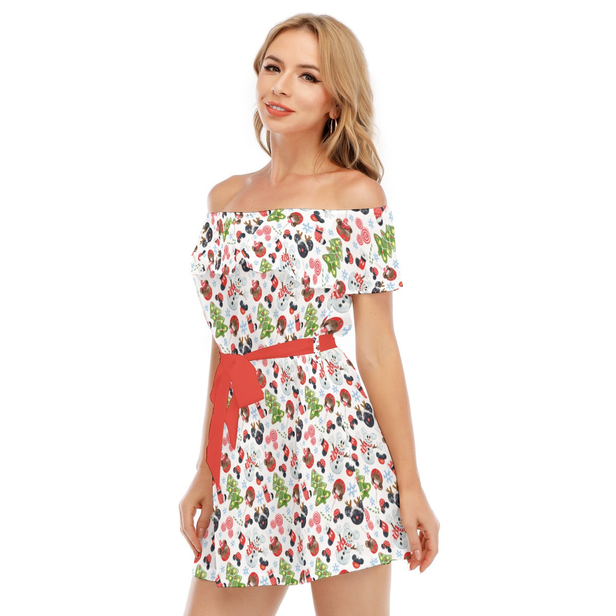 Mouse Magic Christmas - Women's Off-shoulder Ruffle Dress