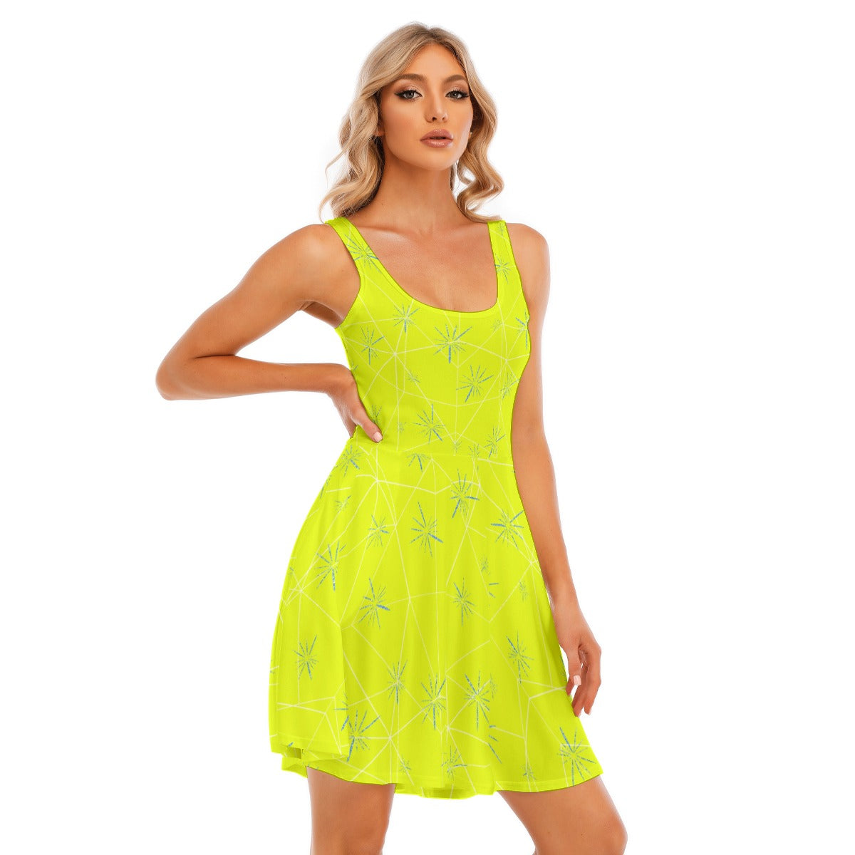 Joyful Blue & Yellow Florals - Women's Sleeveless Pocket Skater Dress