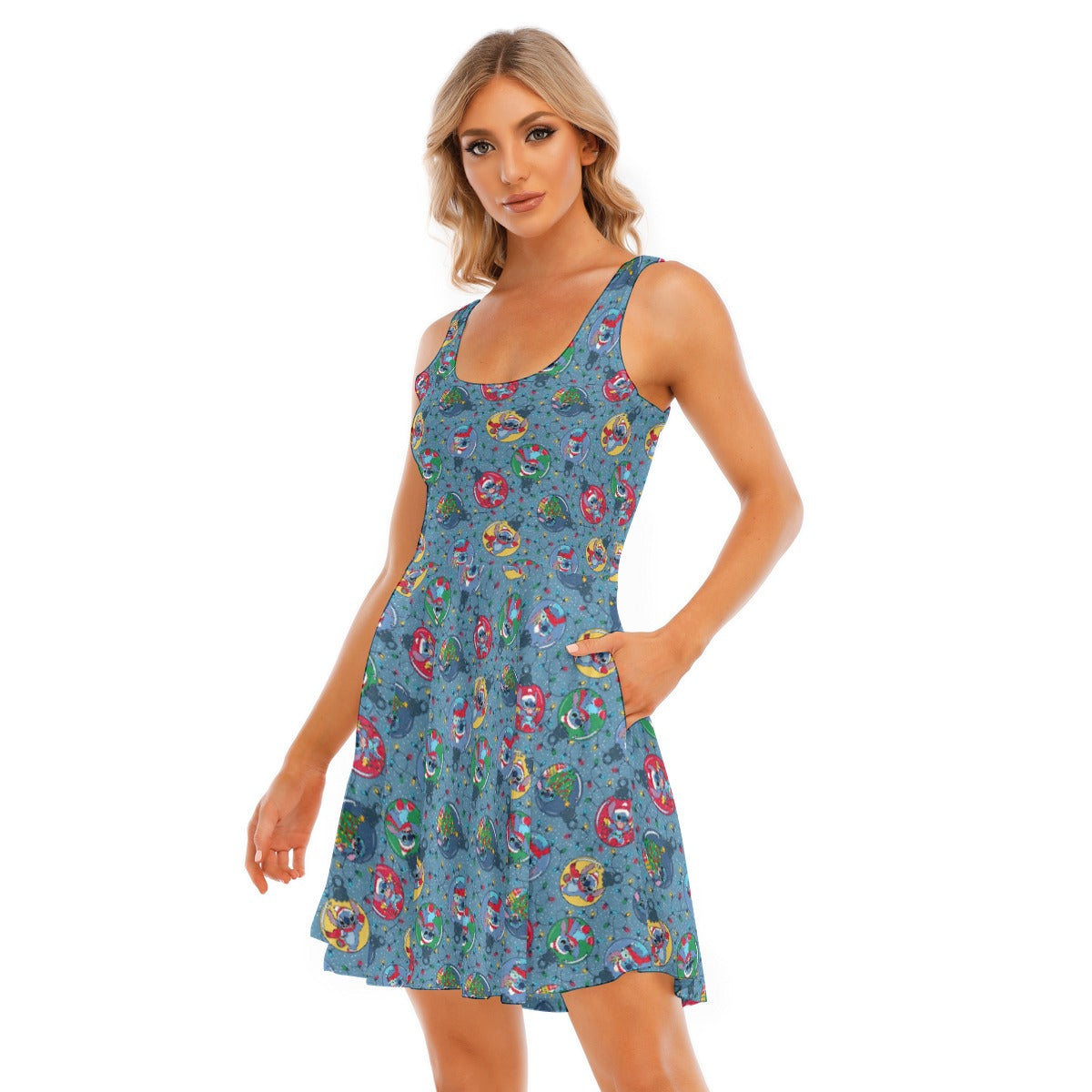Holiday Baubles with Mischievous Blue Alien - Women's Sleeveless Pocket Skater Dress