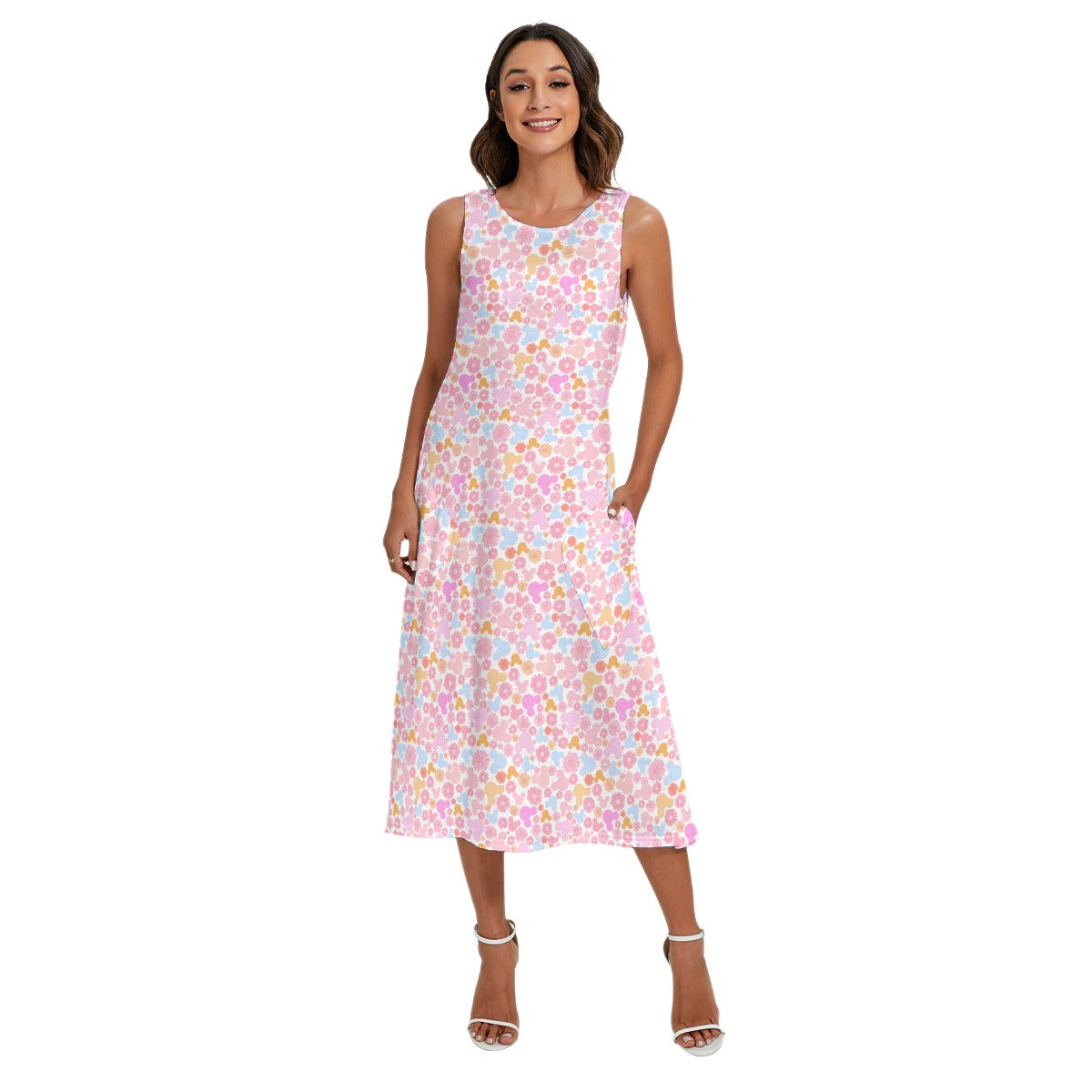 Retro Floral Mouse - Women’s Diagonal Pocket Midi Dress