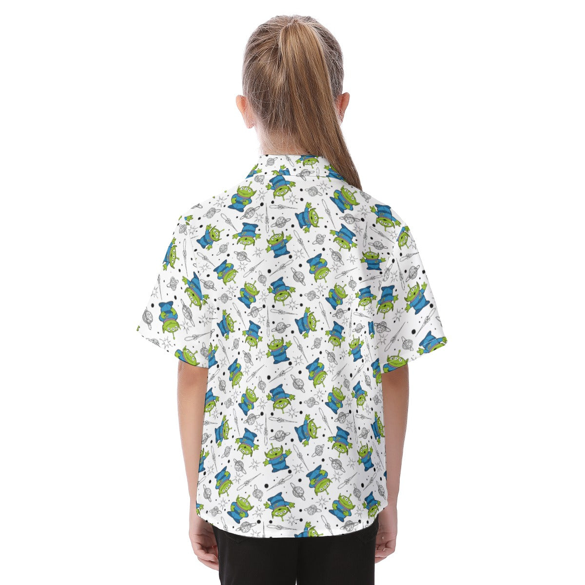 Playful Green Aliens on White - Kid's Hawaiian Button Up Shirt