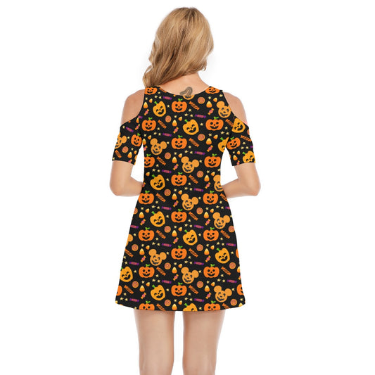 Cheerful Pumpkin Mouse Halloween - Women's Cold Shoulder Cotton Dress