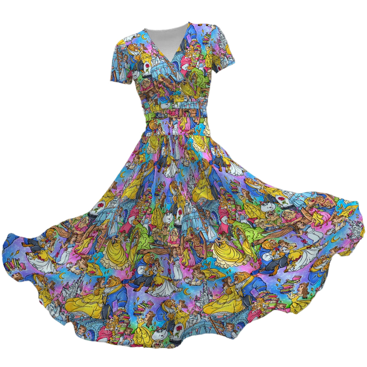 Enchanted Tale Storybook Scenes - Women's V-Neck Ruched Midi Dress
