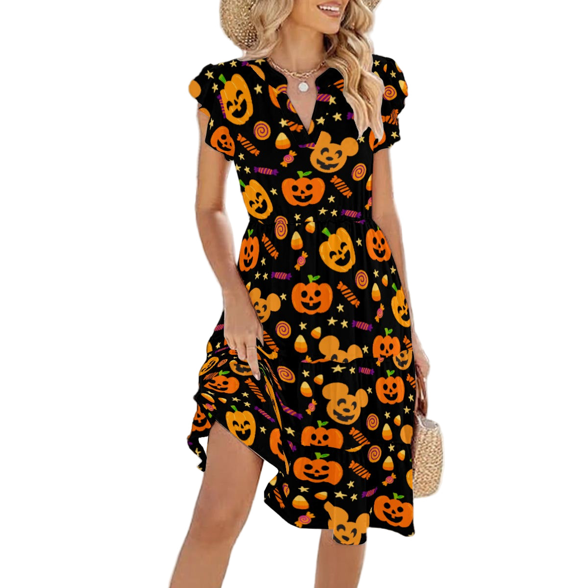 Cheerful Pumpkin Mouse Halloween - Women's Tiered Pocket Midi Dress