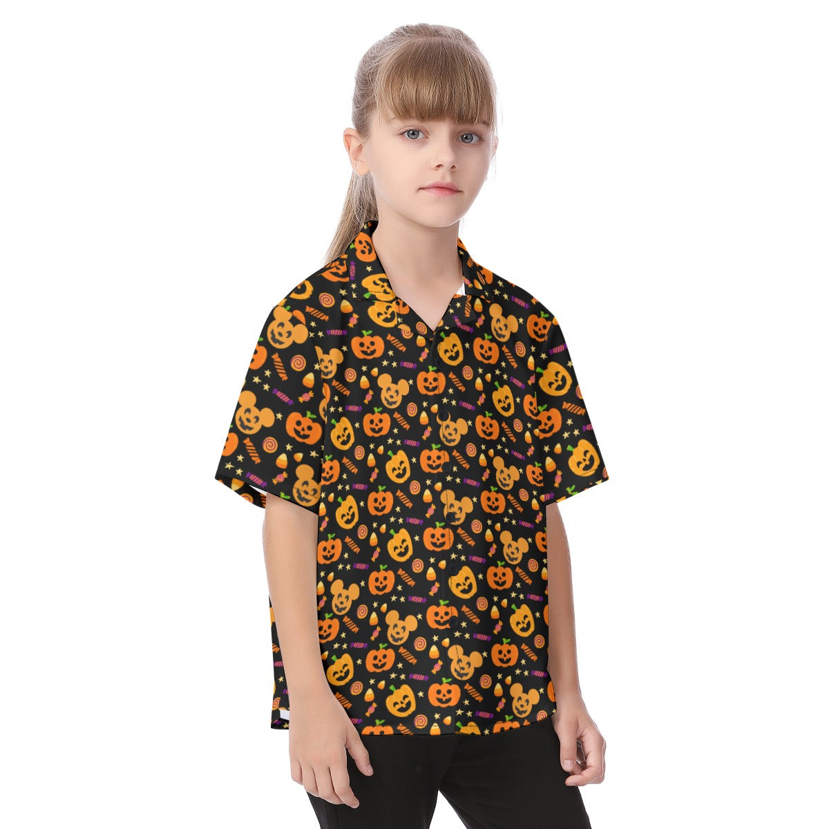 Cheerful Pumpkin Mouse Halloween - Kid's Hawaiian Button Up Shirt