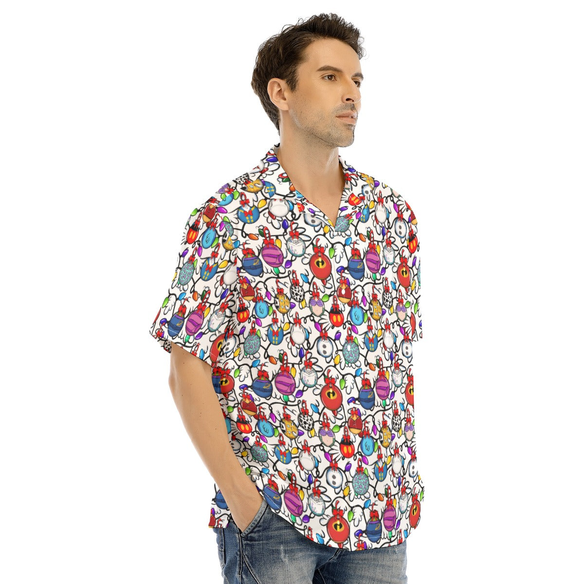Festive Character Baubles on White - Men's Hawaiian Button Up Shirt