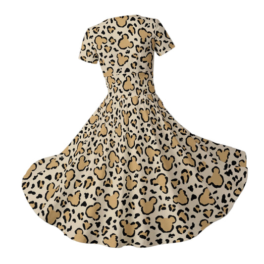 Mouse Ears Animal Print - Women's V-Neck Ruched Midi Dress