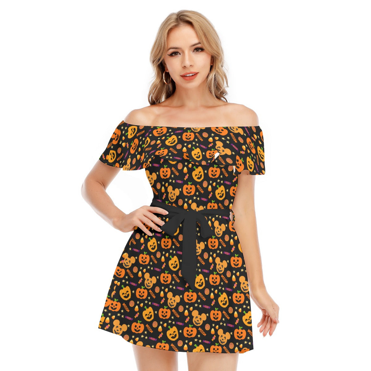 Cheerful Pumpkin Mouse Halloween - Women's Off-shoulder Ruffle Dress