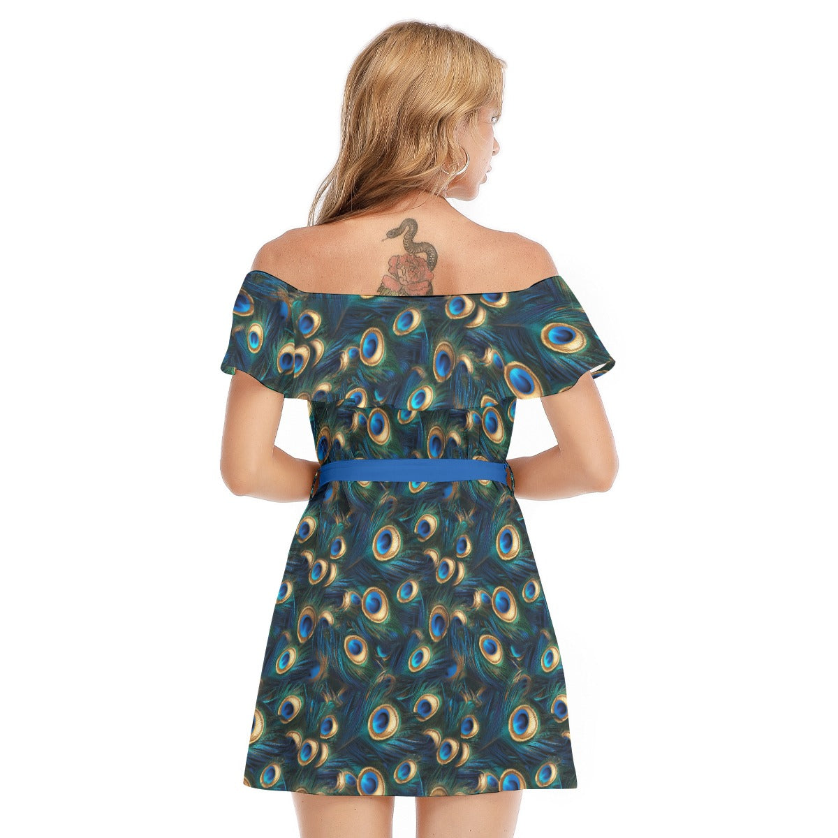 Animal Print - Peacock - Women's Off-shoulder Ruffle Dress