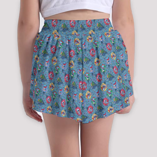 Holiday Baubles with Mischievous Blue Alien - Girls’ Flowy Pocket Shorts