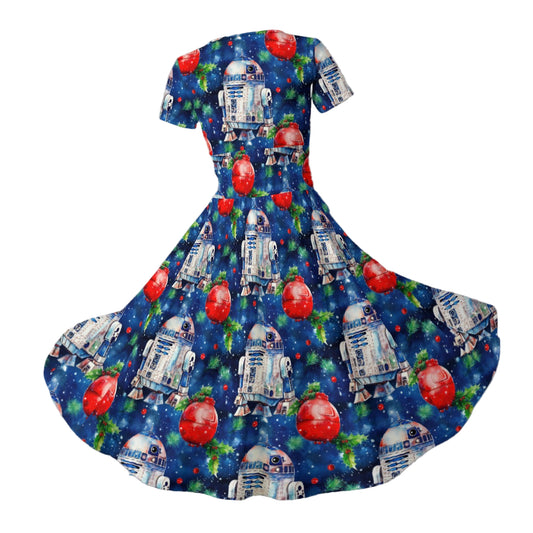 Little Blue Christmas Droid - Women's V-Neck Ruched Midi Dress