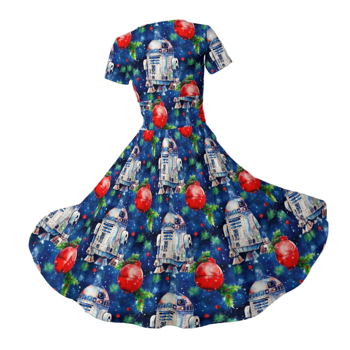 Little Blue Christmas Droid - Women's V-Neck Ruched Midi Dress