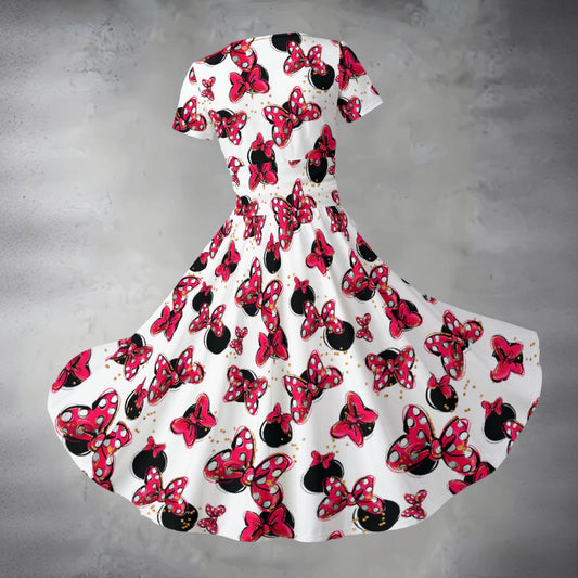 Polka Dot Bows & Mouse Ears - Women's V-Neck Ruched Midi Dress