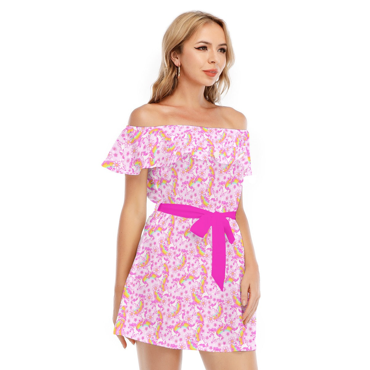 Unicorn Rainbows - Women's Off-shoulder Ruffle Dress