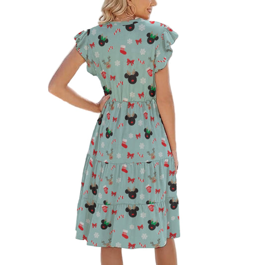 Festive Reindeer Mouse Holiday - Women's Tiered Pocket Midi Dress