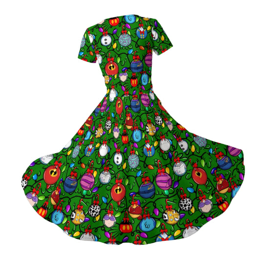 Festive Character Baubles on Green - Women's V-Neck Ruched Midi Dress