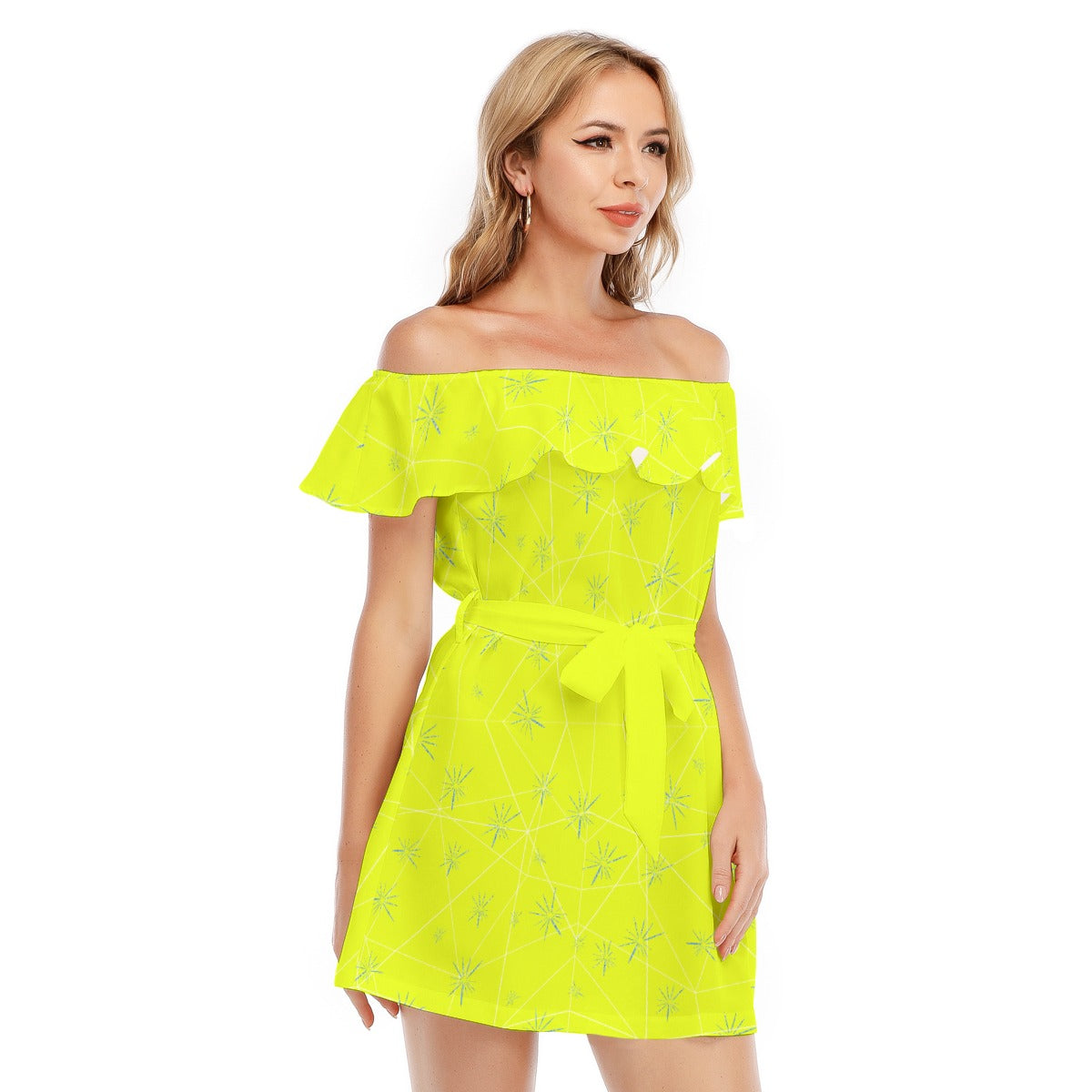 Joyful Blue & Yellow Florals - Women's Off-shoulder Ruffle Dress